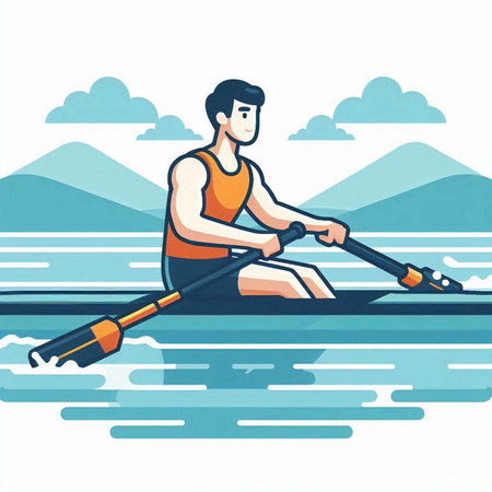 Man rowing on the water. Vector illustration in cartoon style.のイラスト素材