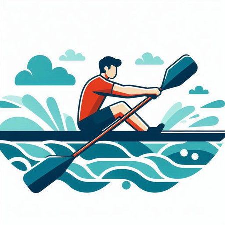 Man in a kayak on the river. Vector illustration in flat styleのイラスト素材
