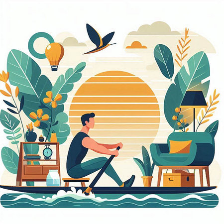 Man sitting on a boat in the park. Flat vector illustration.のイラスト素材