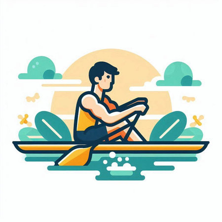 Man in a kayak on a lake. Flat vector illustration.のイラスト素材