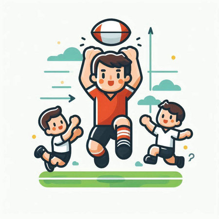 Illustration of a little boy playing rugby with his friends, vector illustrationのイラスト素材
