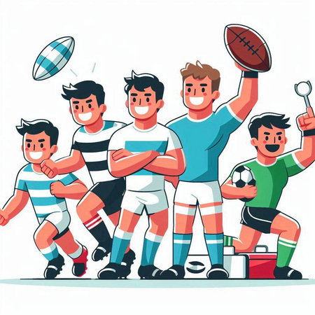 Group of happy soccer players. Vector illustration in flat cartoon style.のイラスト素材