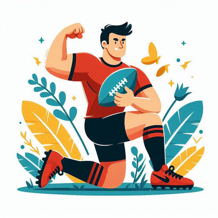 Rugby player with ball. Sport and healthy lifestyle. Vector illustrationのイラスト素材