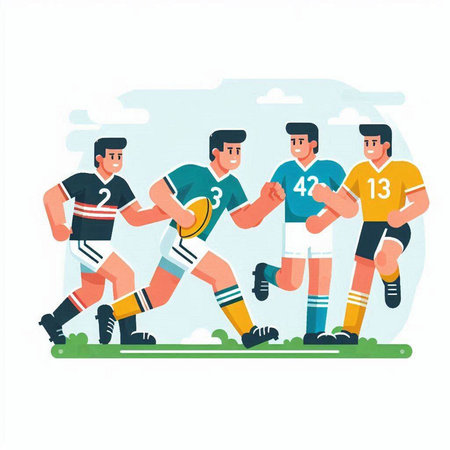 Rugby players in action. Vector illustration in flat style.のイラスト素材