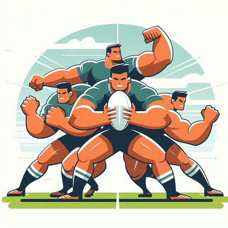 Rugby players fighting for ball. Vector illustration in cartoon styleのイラスト素材