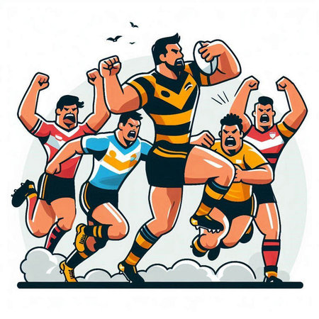 Rugby players fighting for the ball. Vector illustration in cartoon style.のイラスト素材