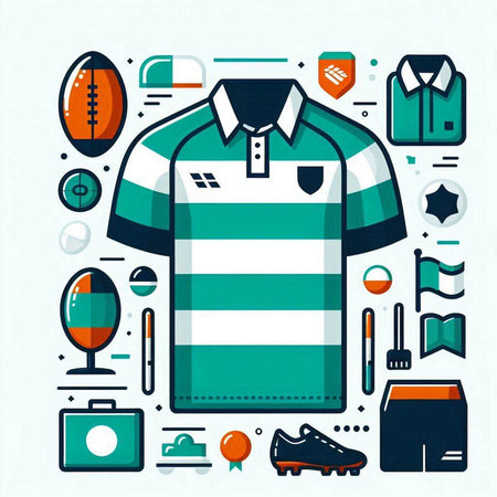 Colorful flat line art design of t-shirt, shorts and rugby ballのイラスト素材