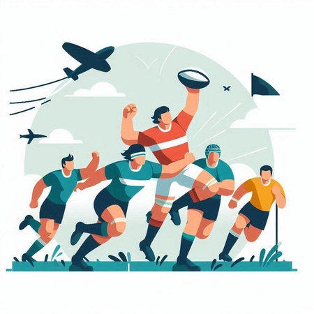 Rugby players in action. Vector illustration in flat style.のイラスト素材