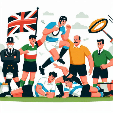 Illustration of rugby players with flags and banners. Vector illustration.のイラスト素材