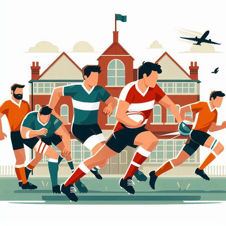Rugby players in action. Vector illustration in flat style.のイラスト素材
