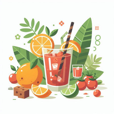 Cocktail with orange, lemon, strawberry and mint. Vector illustrationのイラスト素材