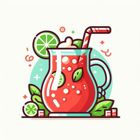 Red smoothie with lime and mint. Vector illustration in flat styleのイラスト素材