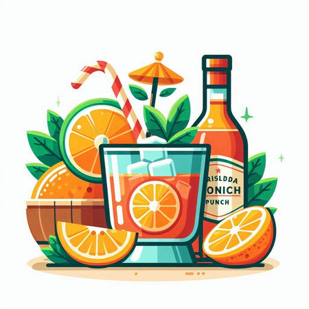 Cocktail with orange, ice and mint. Vector illustration.のイラスト素材