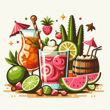 Fruit cocktail with lime, lemon, watermelon, pineapple, ice cream, strawberry and straw. Vector illustration.のイラスト素材