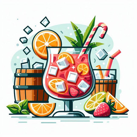 Vector illustration of a glass of sangria with ice cubes and fruits.のイラスト素材