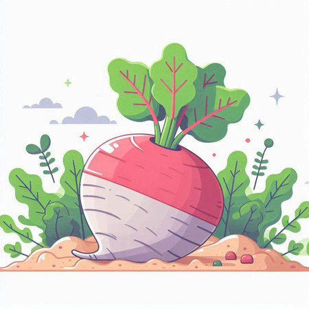 Vector illustration of a radish on a background of green plants.のイラスト素材