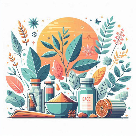 Herbal medicine and health care concept. Vector illustration with herbs, essential oils, mortar and pills.のイラスト素材