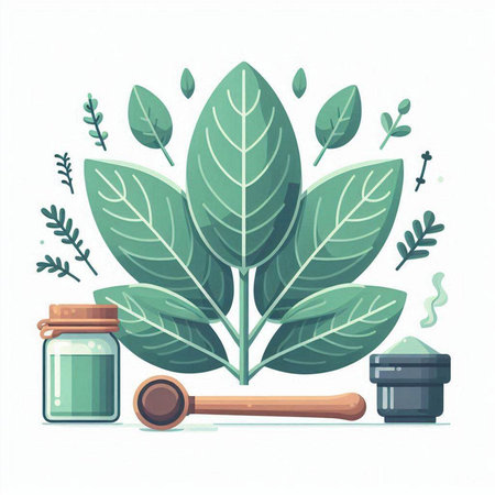 Herbal medicine green leaves and mortar. Vector illustration in flat styleのイラスト素材