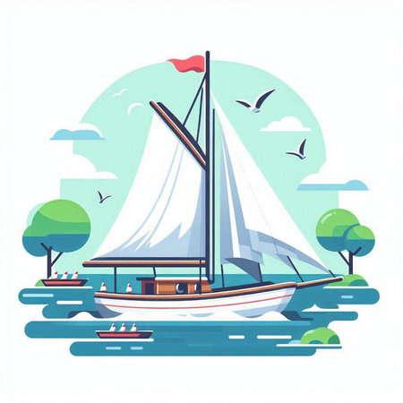 Sailing boat on the river. Vector illustration in flat style.のイラスト素材