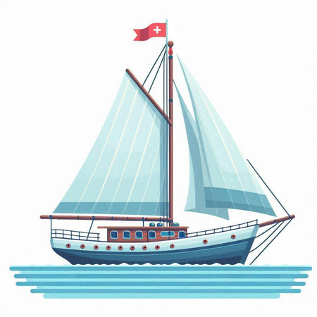 Sailing ship on the water. Vector illustration in cartoon style.のイラスト素材