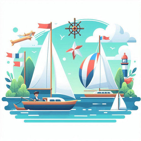 Sailing boats and yachts in the sea. Vector illustrationのイラスト素材