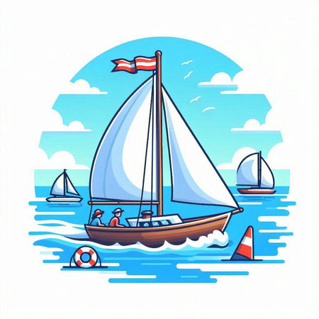 Sailing boat in the sea. Vector illustration in cartoon style.のイラスト素材