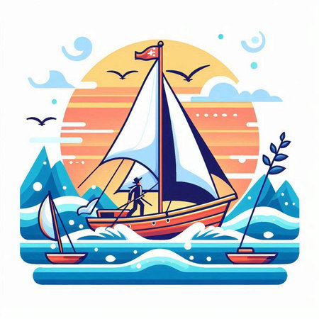 Sailing boat on the sea. Vector illustration in flat style.のイラスト素材