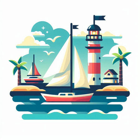 Sailboat and lighthouse on the seashore. Vector illustrationのイラスト素材
