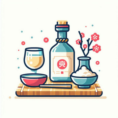 Japanese sake bottle with sake cup and rice bowl. Vector illustration.のイラスト素材
