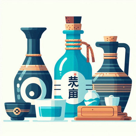 Japanese sake and sake japanese dishes set. Vector illustration in flat styleのイラスト素材