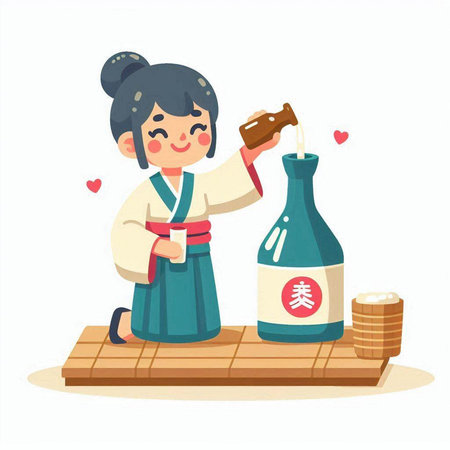 Japanese girl in a kimono pours sake into a bottleのイラスト素材