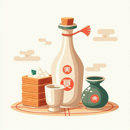 Japanese sake in a glass bottle. Vector illustration in cartoon style.のイラスト素材
