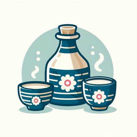 Japanese sake bottle with cups and saucers. Vector illustration.のイラスト素材