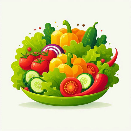 Vegetable salad in a bowl. Vector illustration isolated on white background.のイラスト素材