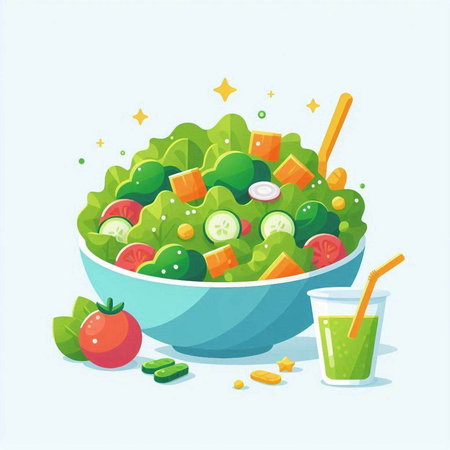 Healthy vegetable salad in a bowl. Vector illustration in cartoon style.のイラスト素材