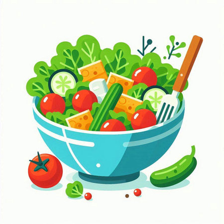 Vegetable salad in a bowl. Vector illustration on a white background.のイラスト素材