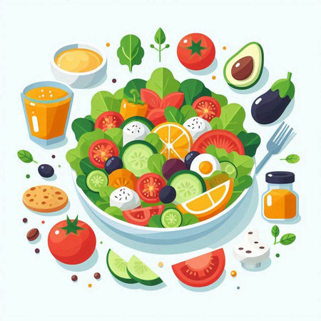 Healthy salad with avocado, tomato, cucumber, olives, mozzarella and olive oil. Vector illustration.のイラスト素材
