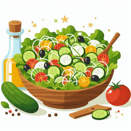 Fresh vegetable salad in a bowl on a white background. Vector illustration.のイラスト素材