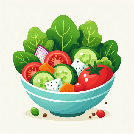 Vegetable salad in a bowl. Healthy food. Vector illustration.のイラスト素材