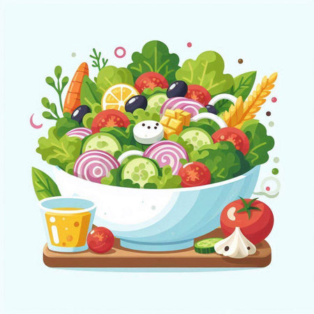 Vegetable salad in a bowl. Healthy food. Vector illustration.のイラスト素材
