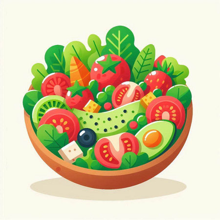 Healthy vegetable salad in bowl. Vector illustration in flat style.のイラスト素材