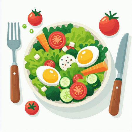 Healthy salad with tomatoes, eggs and cucumber. Vector illustration.のイラスト素材