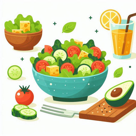 Healthy salad in a bowl. Vector illustration in flat style.のイラスト素材