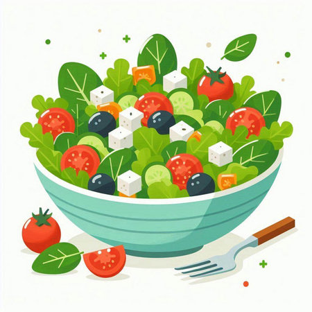 Healthy salad in a bowl. Vector illustration in flat style.のイラスト素材