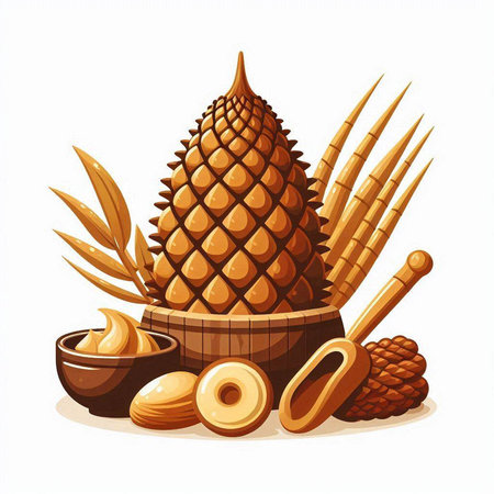 Pineapple fruits and wooden bowl with nuts. Vector illustration.のイラスト素材