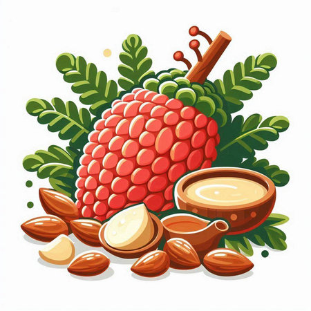 Lychee fruit and nuts. Vector illustration on white background.のイラスト素材