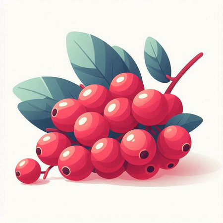 Red rowan berries with green leaves on white background. Vector illustration.のイラスト素材