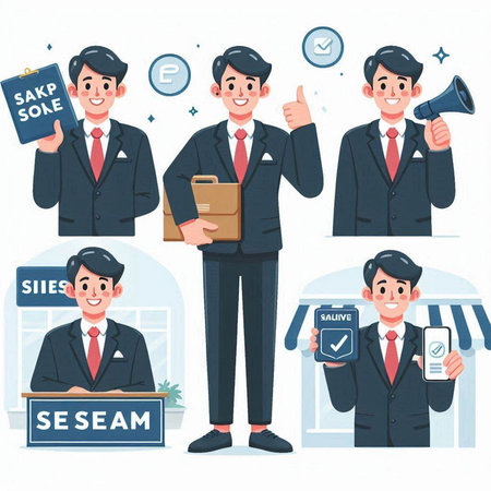 Businessman character vector design set. Businessman in a suit holding a folder, showing thumbs up, holding a mobile phone and a clipboard.のイラスト素材