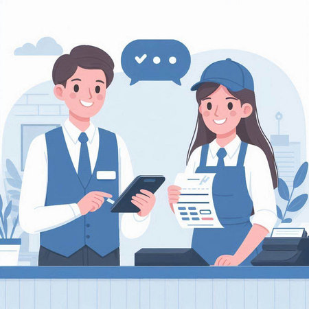Vector illustration of a young man and woman receptionist at the counterのイラスト素材