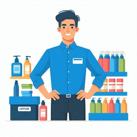 Man in blue shirt standing near shelf with cosmetic products. Vector illustrationのイラスト素材